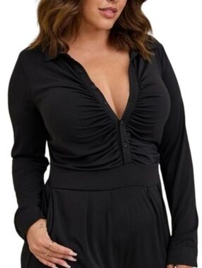 Torrid  Women's Black ITY Long Sleeved Rouched Wide Leg Jumpsuit Size 0 L/12